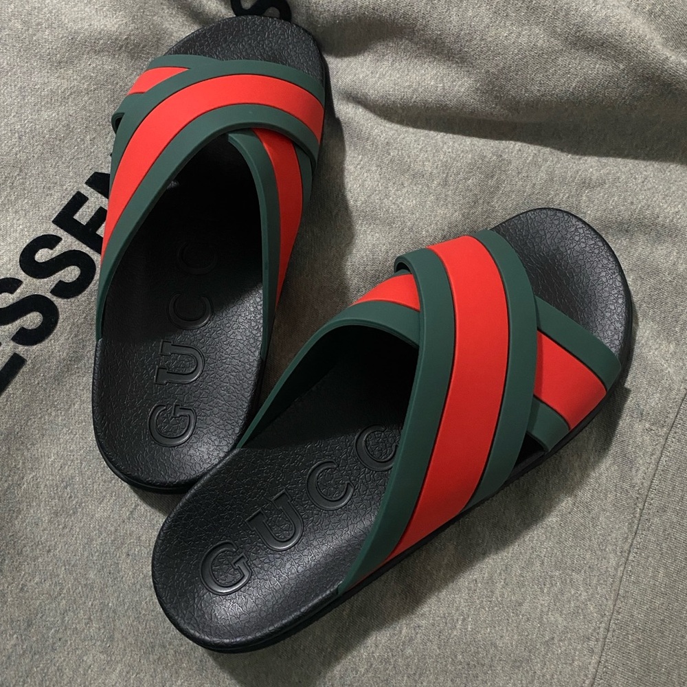 Gucci Black Slides with Red and Green Straps
